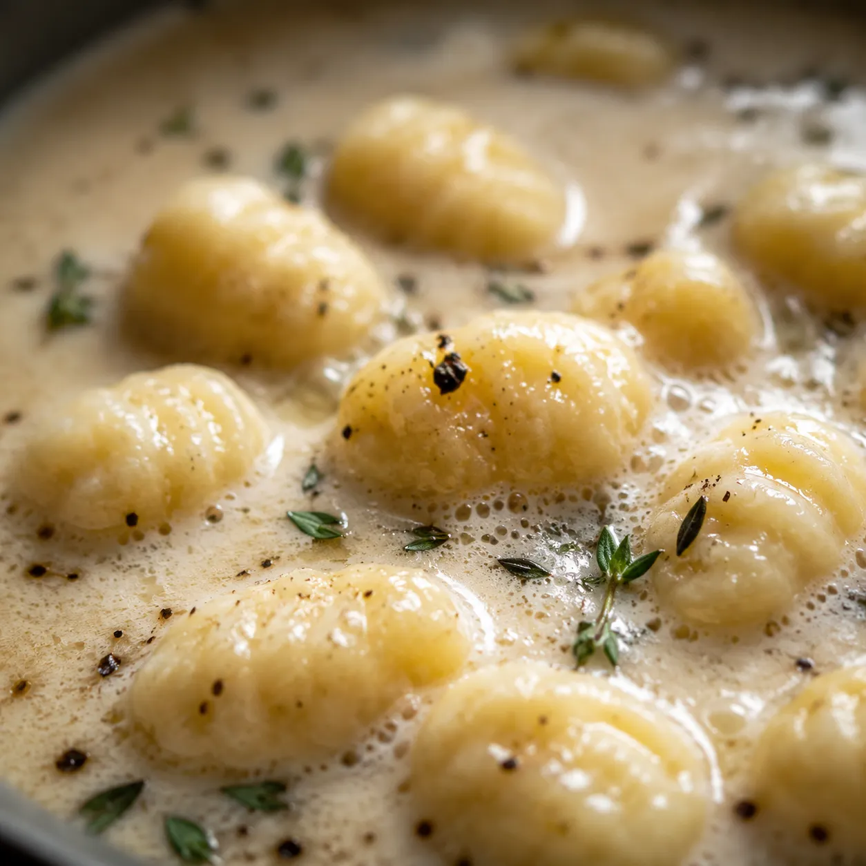 Potato gnocchi simmering in creamy soup broth