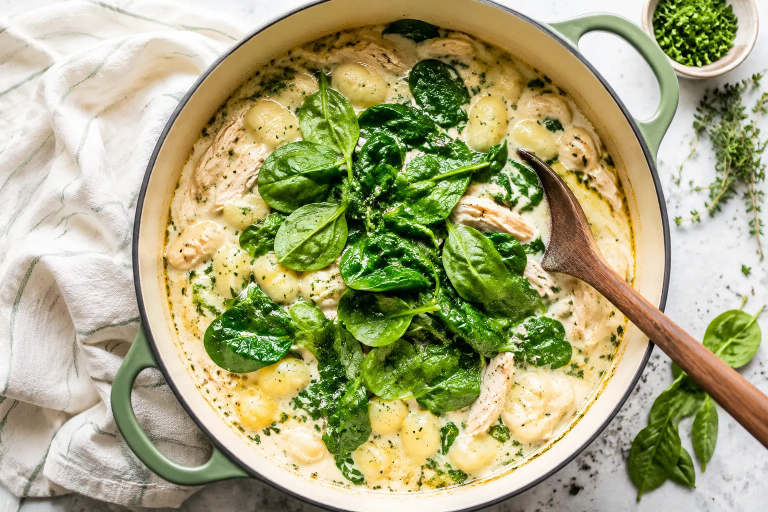 Adding fresh spinach to creamy chicken and gnocchi soup