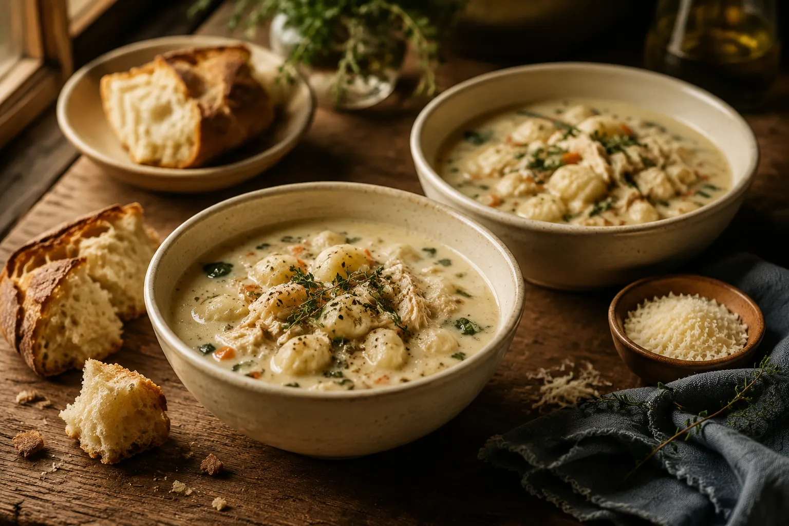 Two bowls of creamy chicken and gnocchi soup with crusty bread