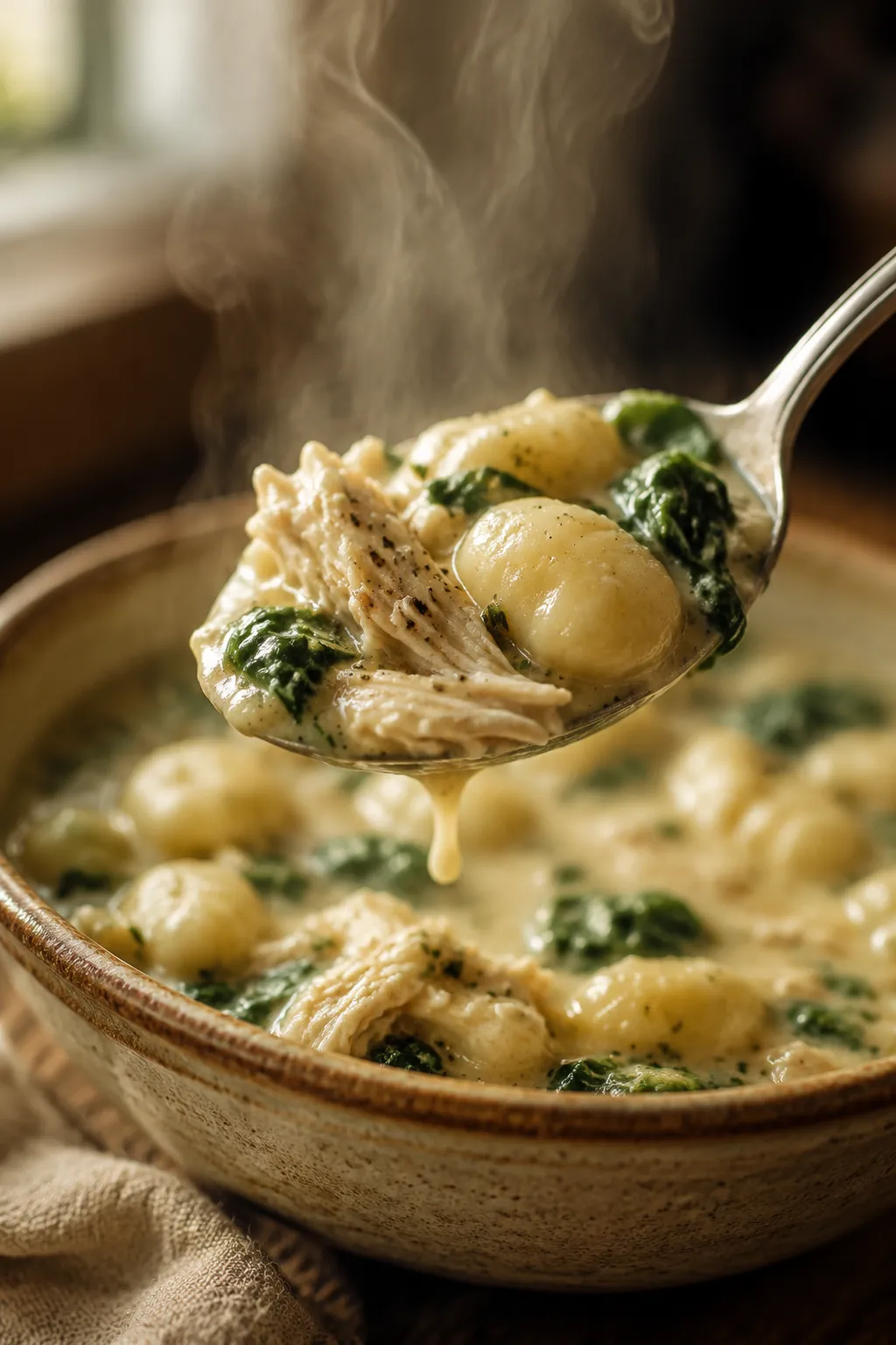 Spoonful of chicken and gnocchi soup with gnocchi and shredded chicken