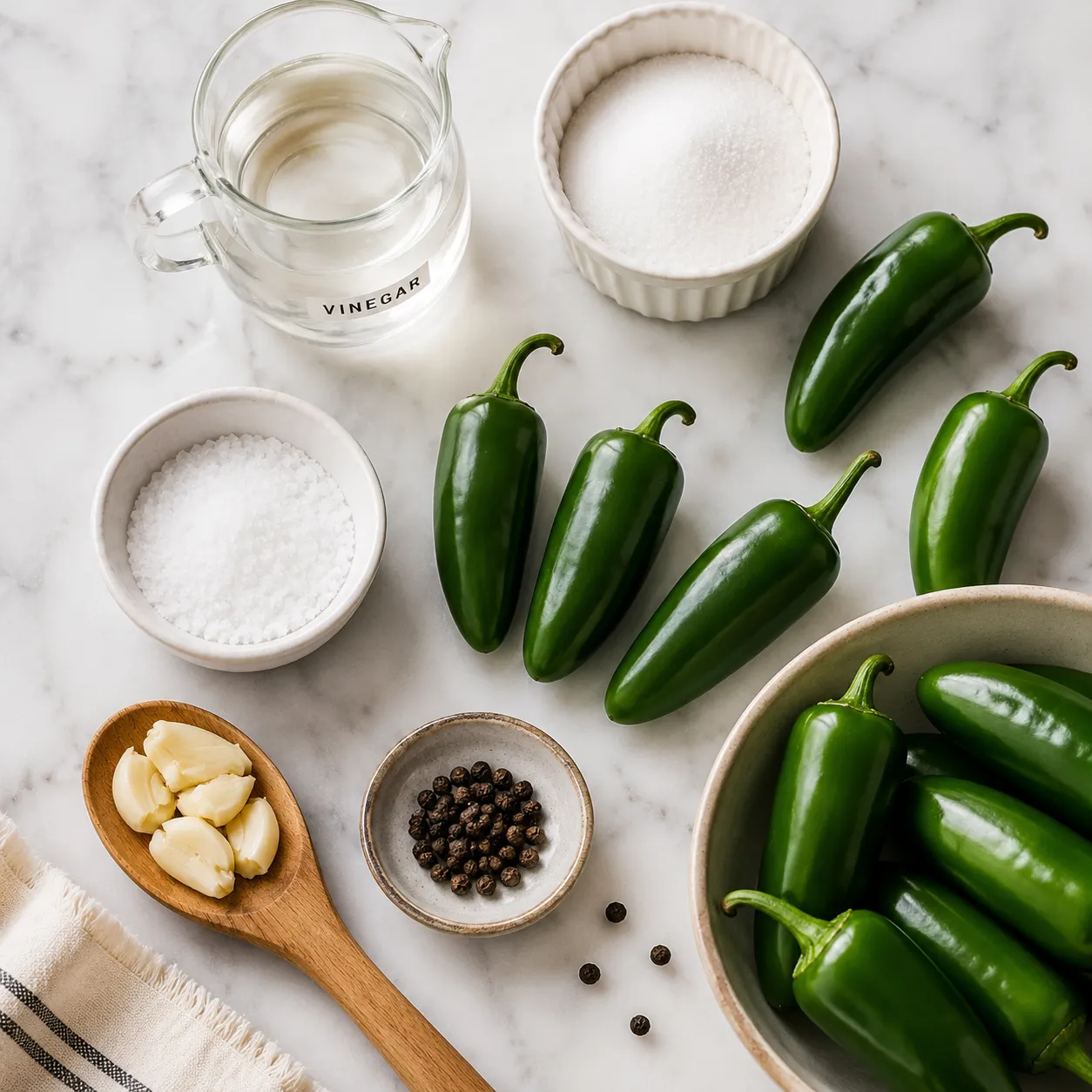 Ingredients for pickled jalapenos arranged on a marble countertop