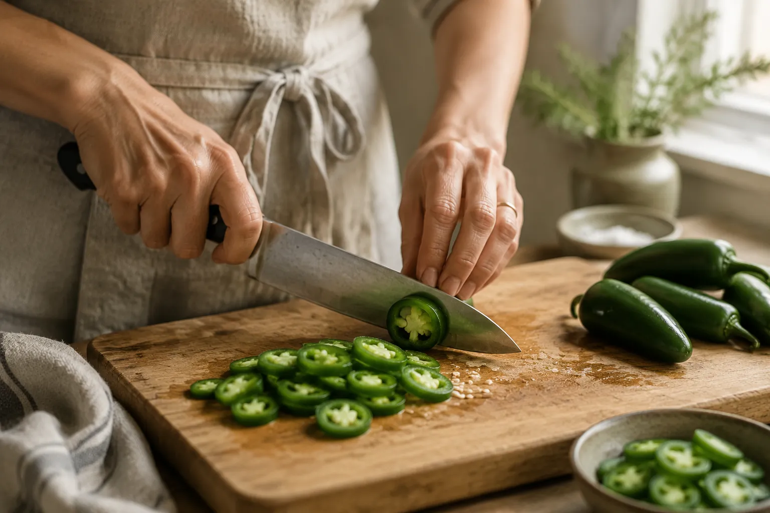 Slicing fresh jalapeños into rings for pickling