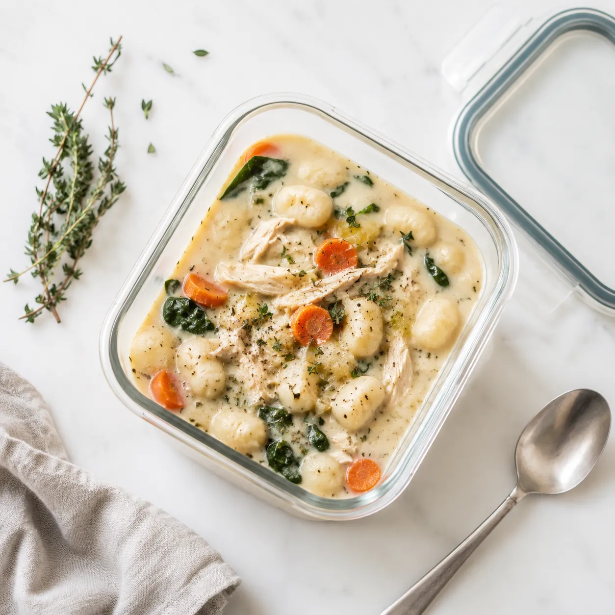 Leftover chicken and gnocchi soup stored in a glass meal-prep container