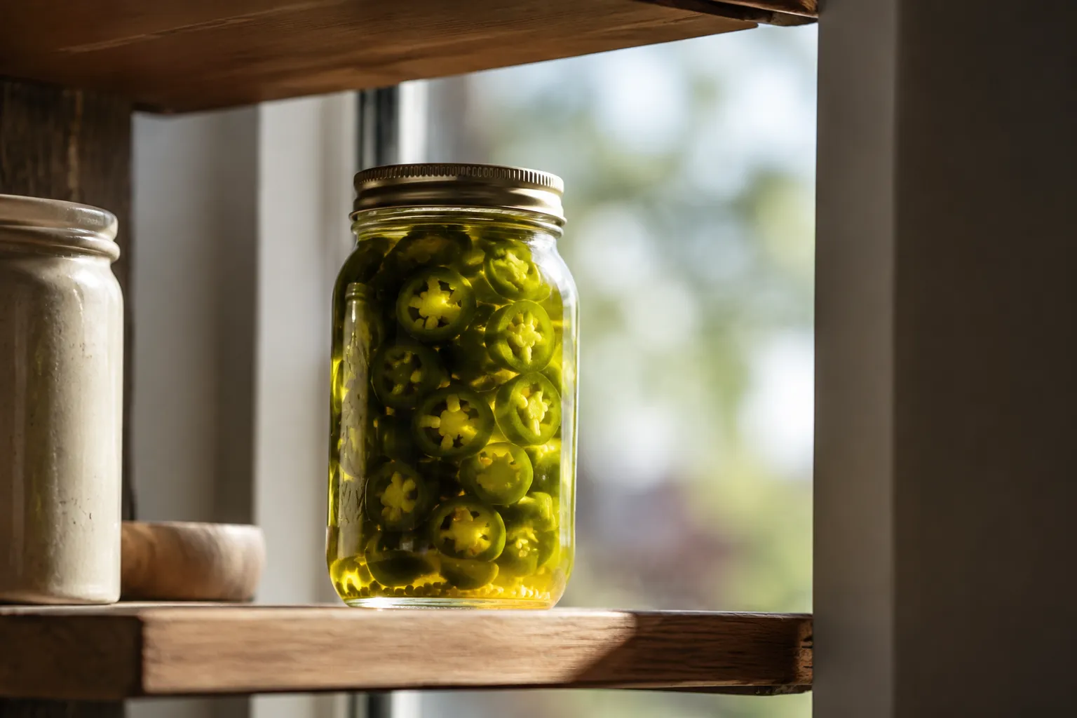 Finished jar of homemade pickled jalapenos backlit by window
