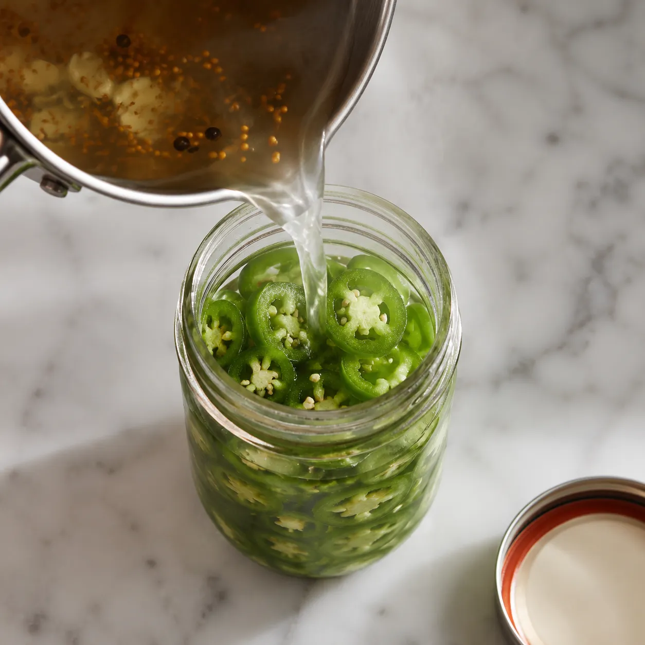Pouring hot brine over jalapeño slices in a mason jar