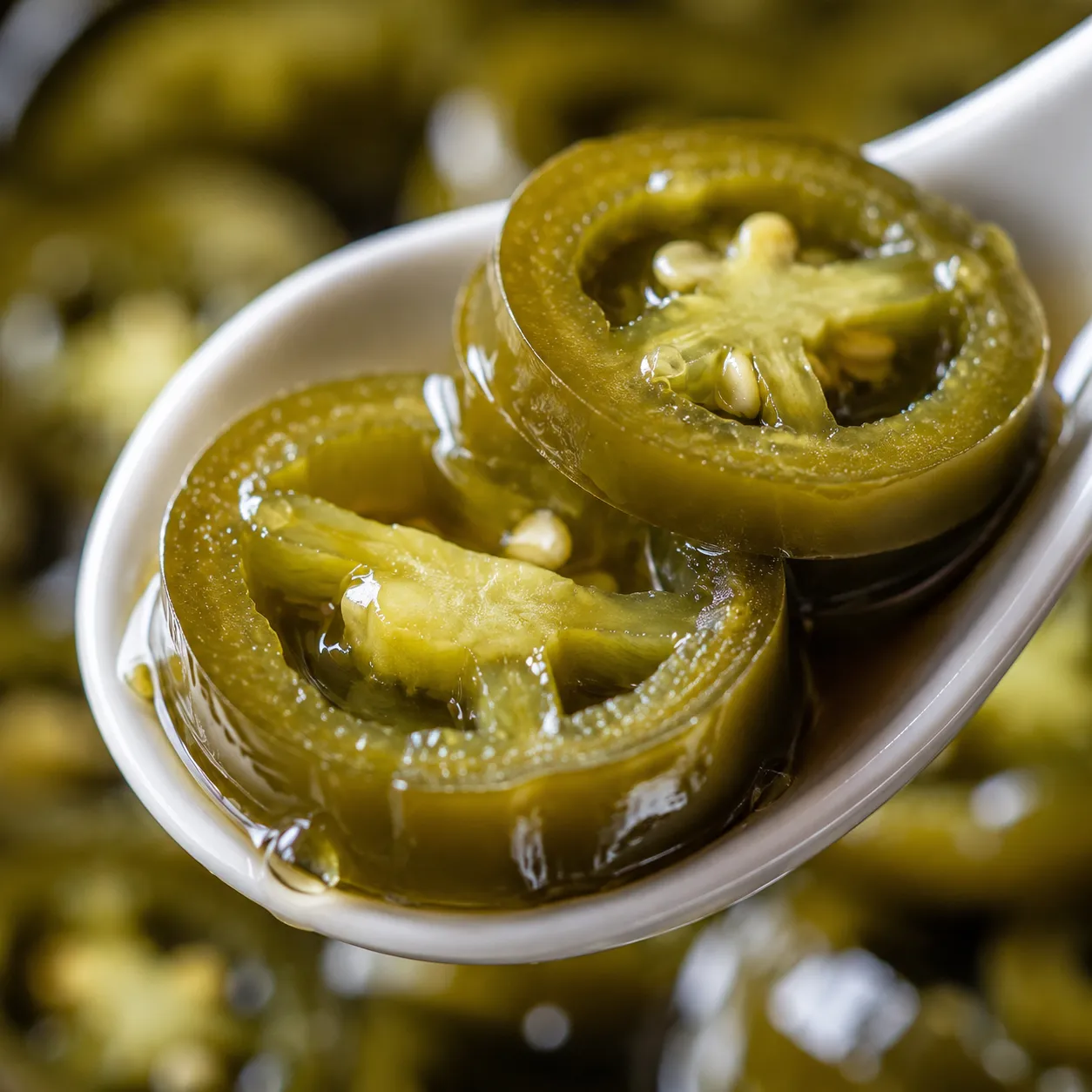 Macro close-up of pickled jalapeno rings on a spoon