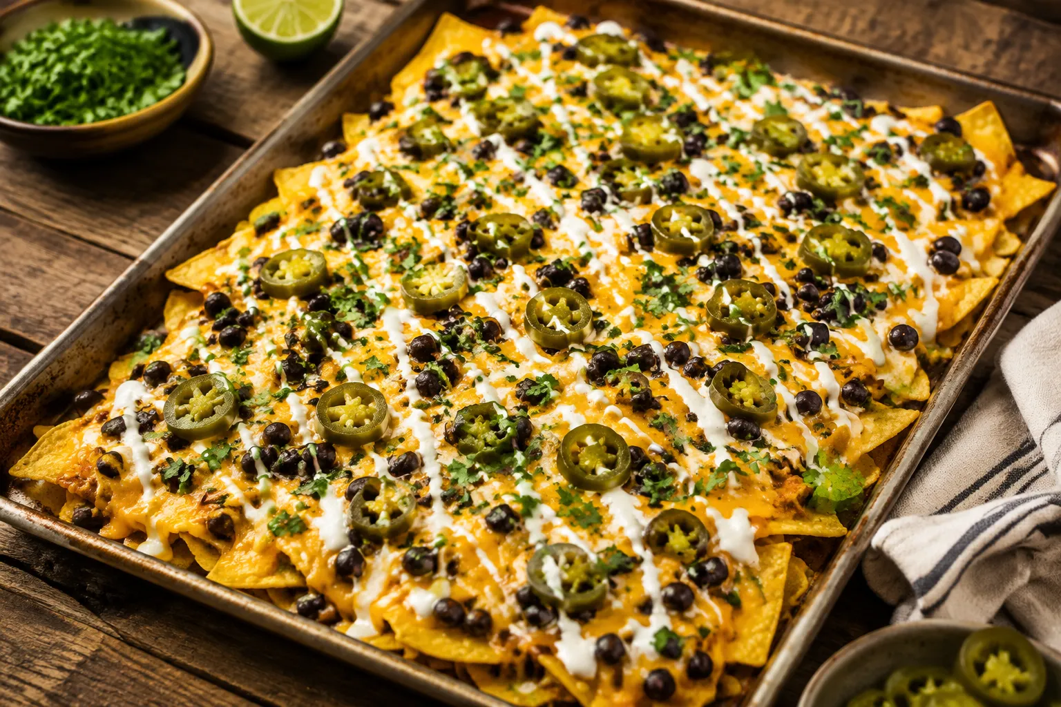 Loaded nachos topped with pickled jalapenos and melted cheese
