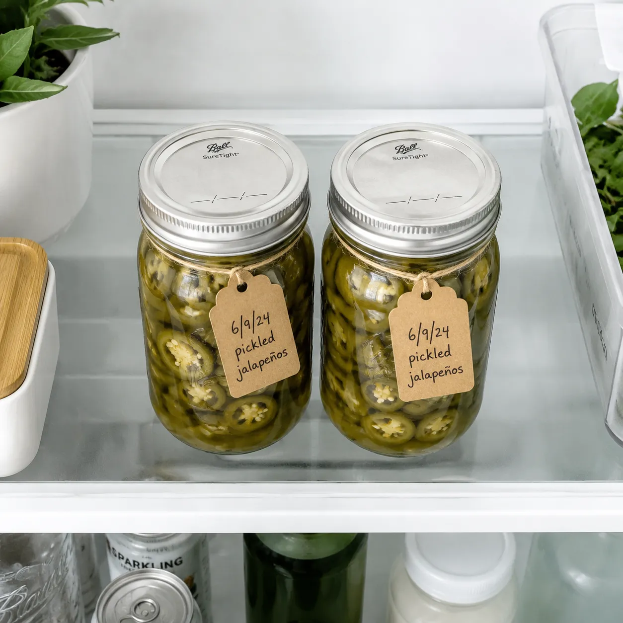 Pickled jalapenos stored in labeled jars in the refrigerator