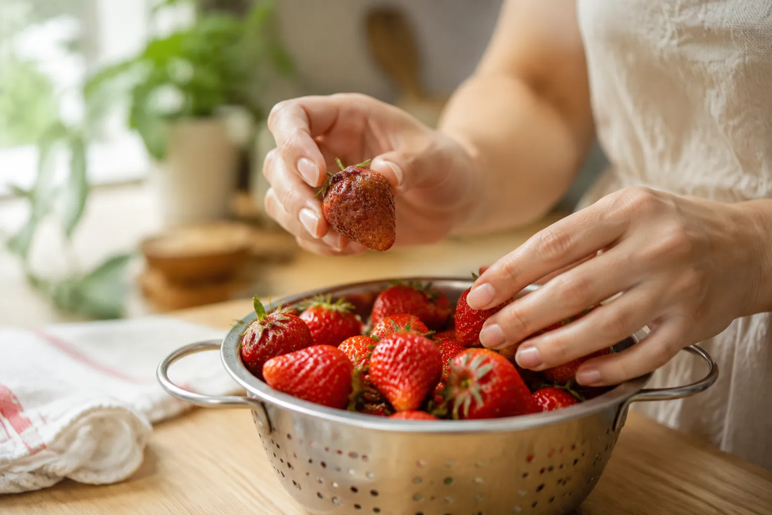 Sorting strawberries before storage to remove soft or moldy berries