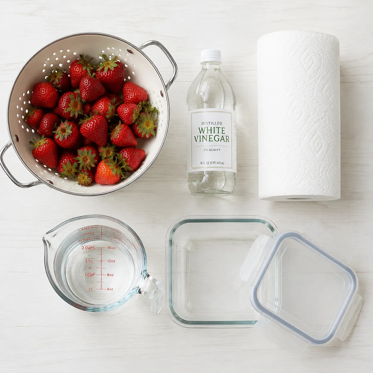 Ingredients flatlay for storing strawberries fresh: berries, vinegar, water, paper towels