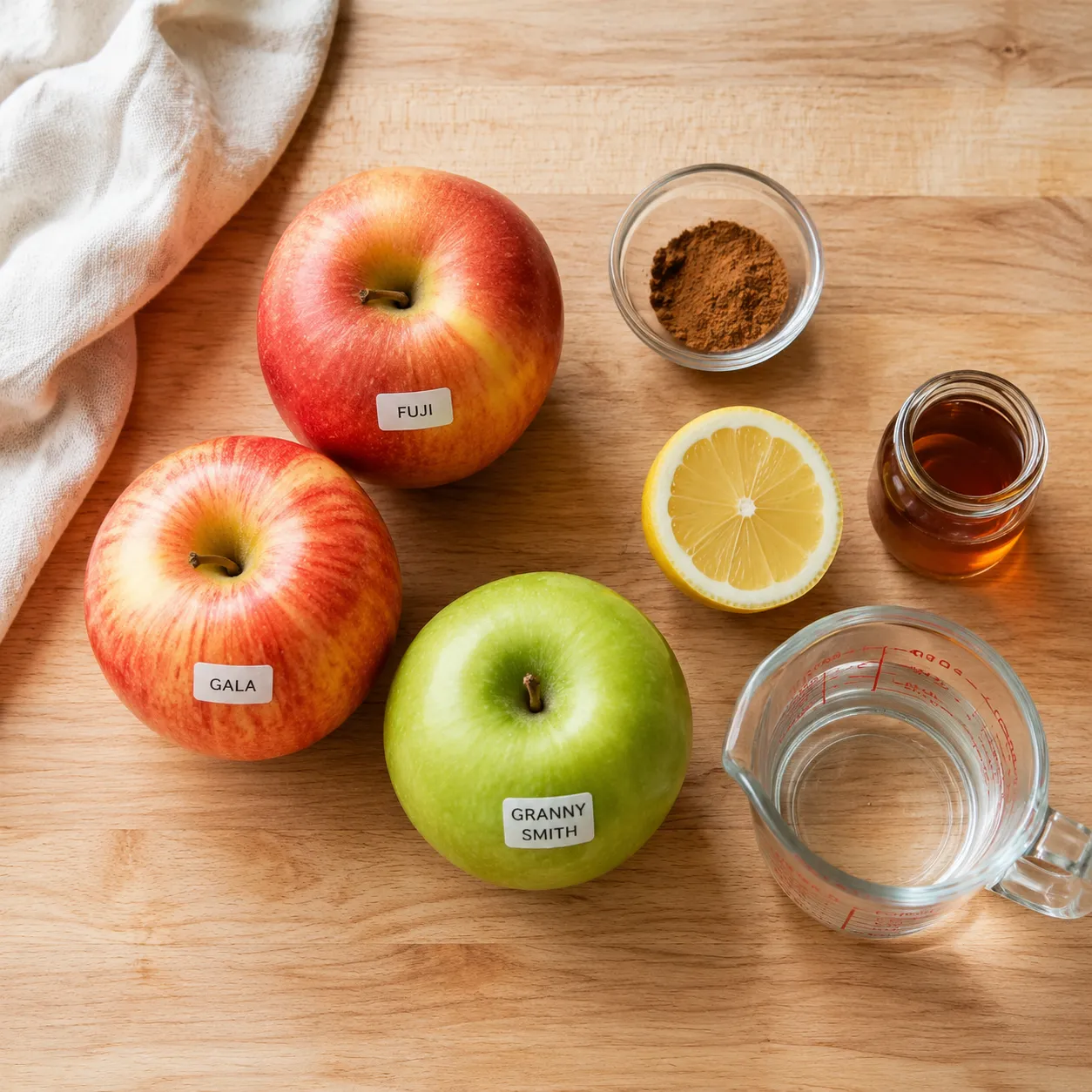 Ingredients for homemade applesauce: apples, cinnamon, lemon, maple syrup, water