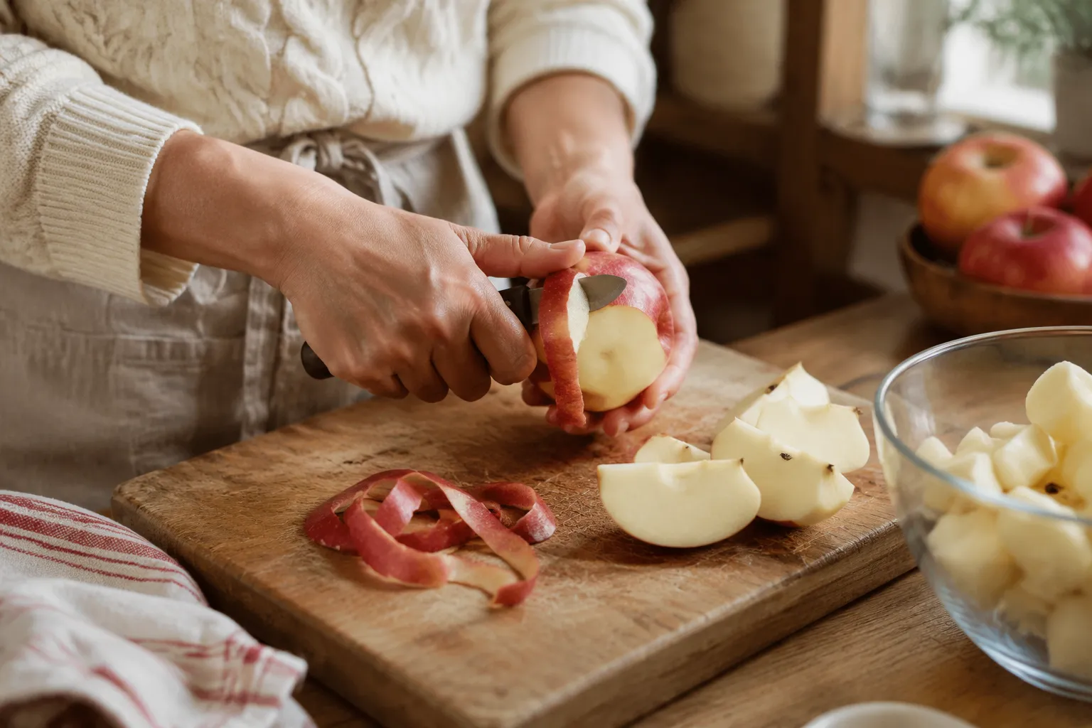 Peeling and chopping apples for homemade applesauce on a wooden board