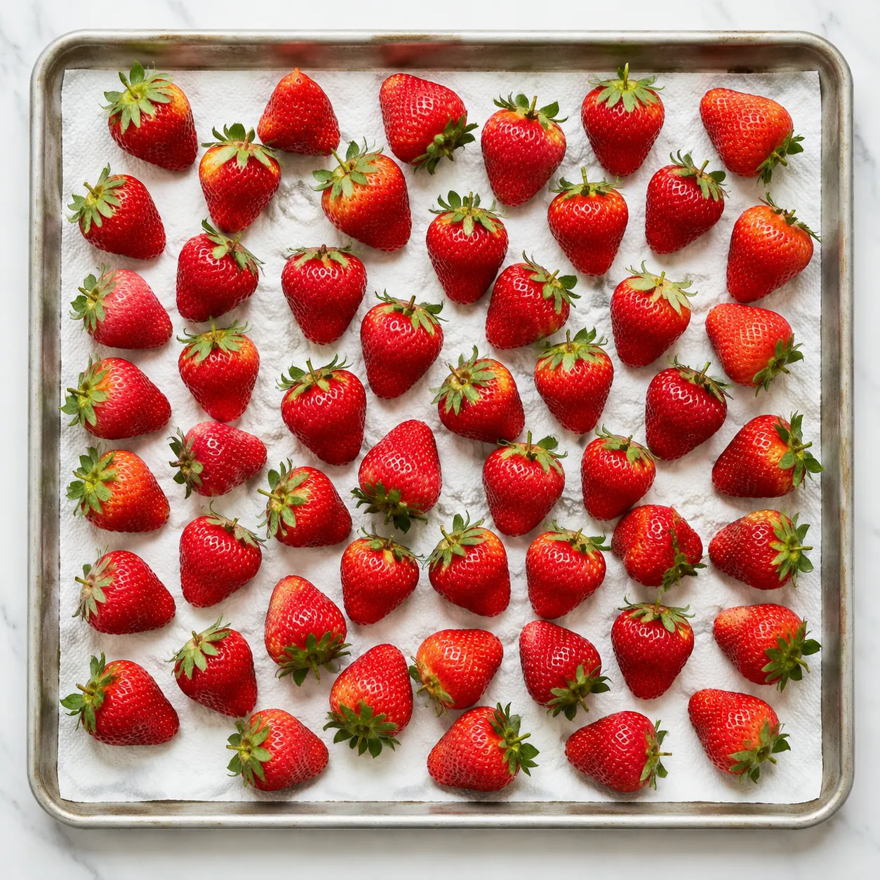 Drying washed strawberries on paper towels before refrigerating