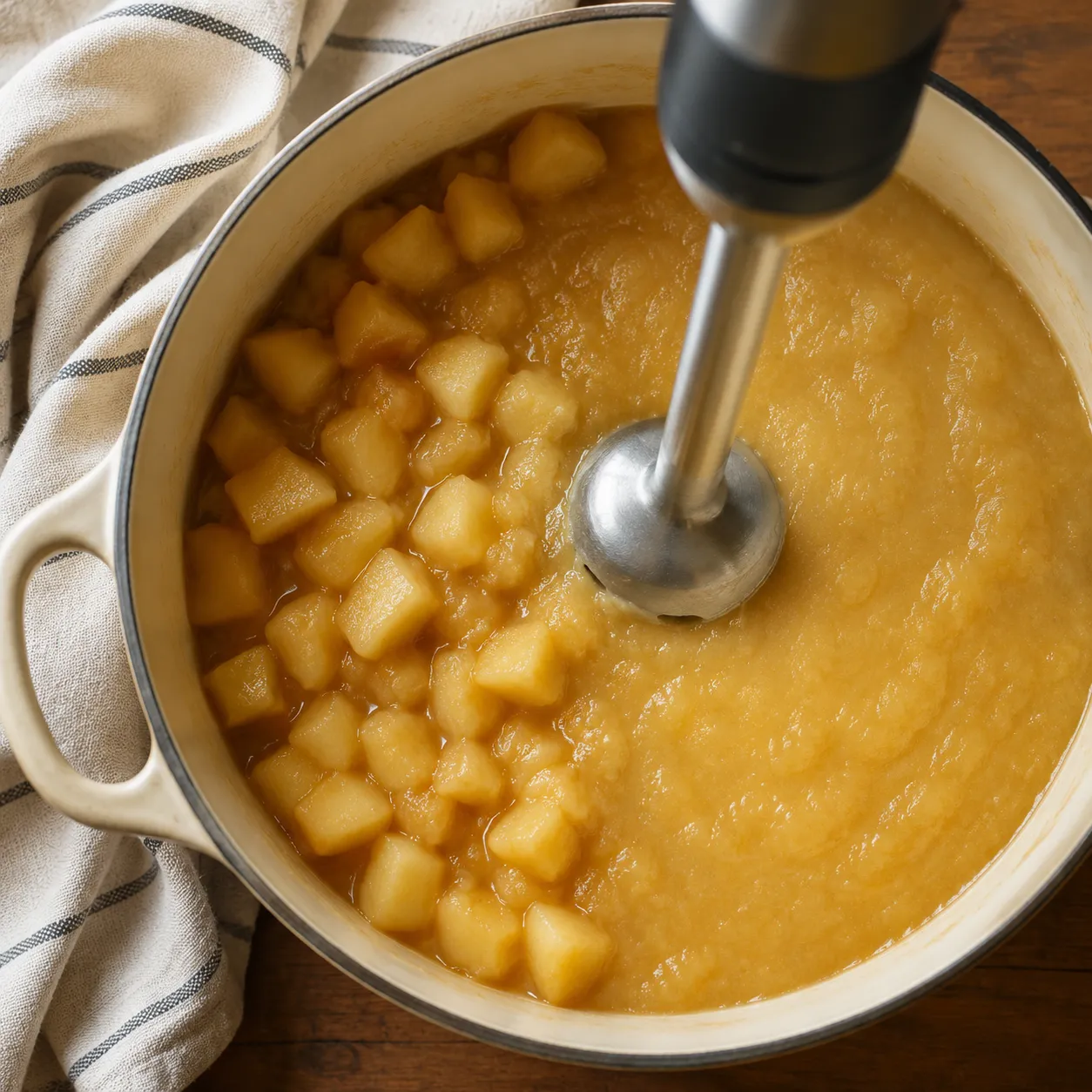 Blending cooked apples with an immersion blender for smooth homemade applesauce