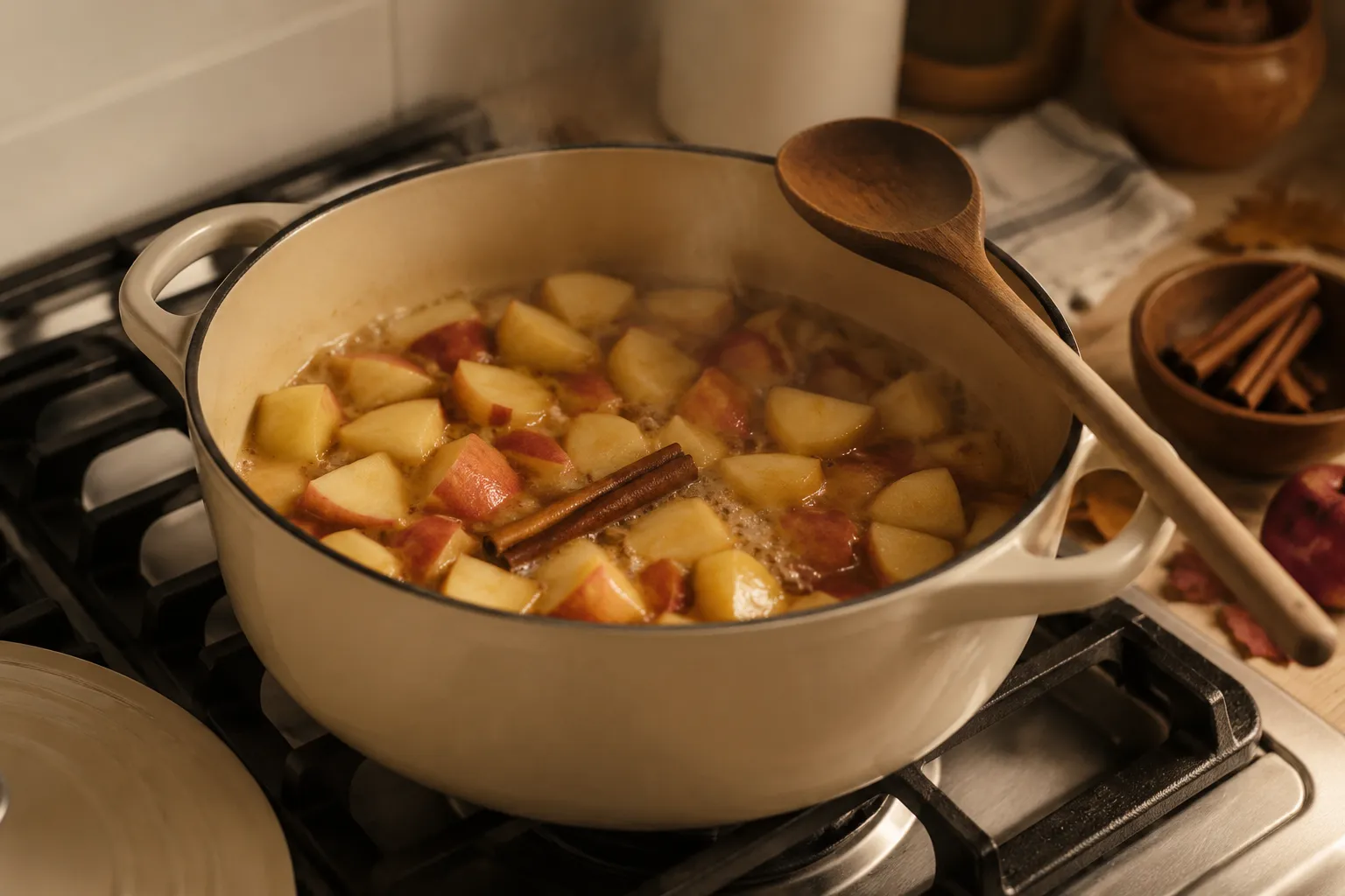 Apples simmering with cinnamon and water in a pot to make applesauce