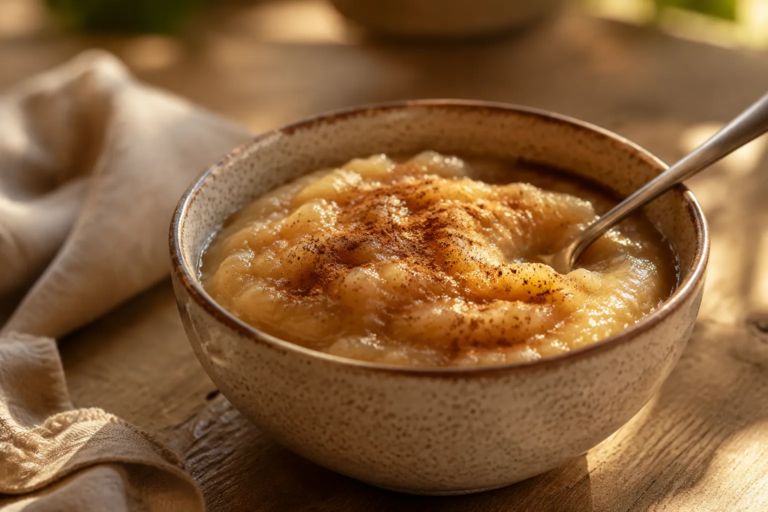 Bowl of finished homemade applesauce topped with cinnamon