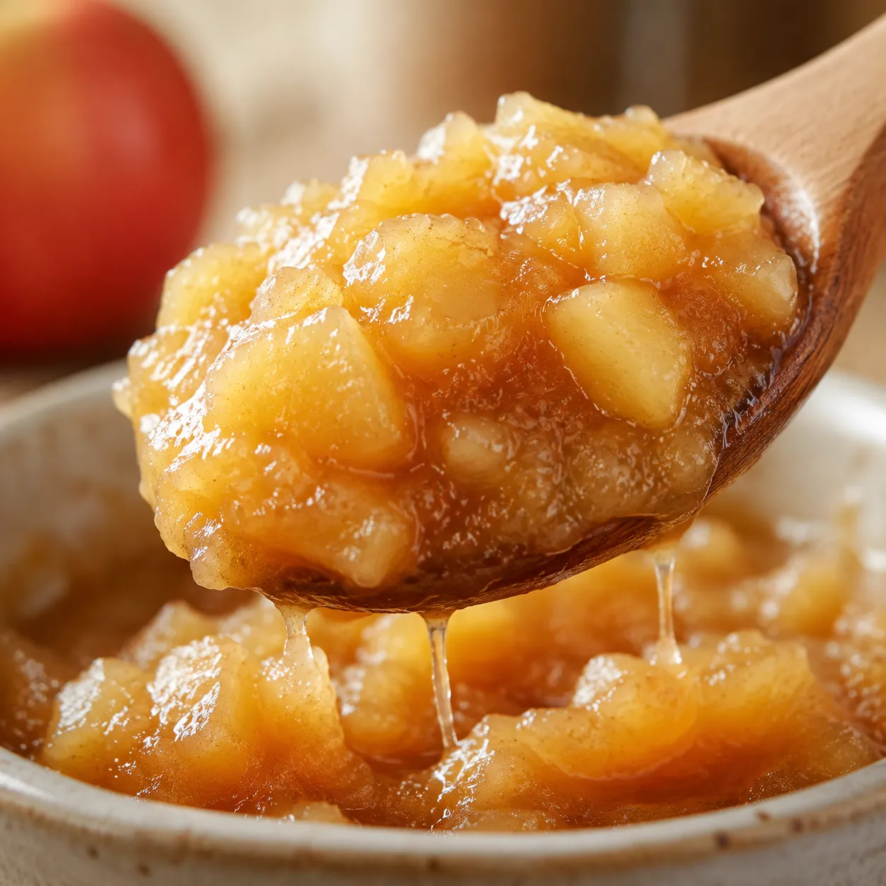 Close-up of homemade applesauce showing chunky texture on a wooden spoon