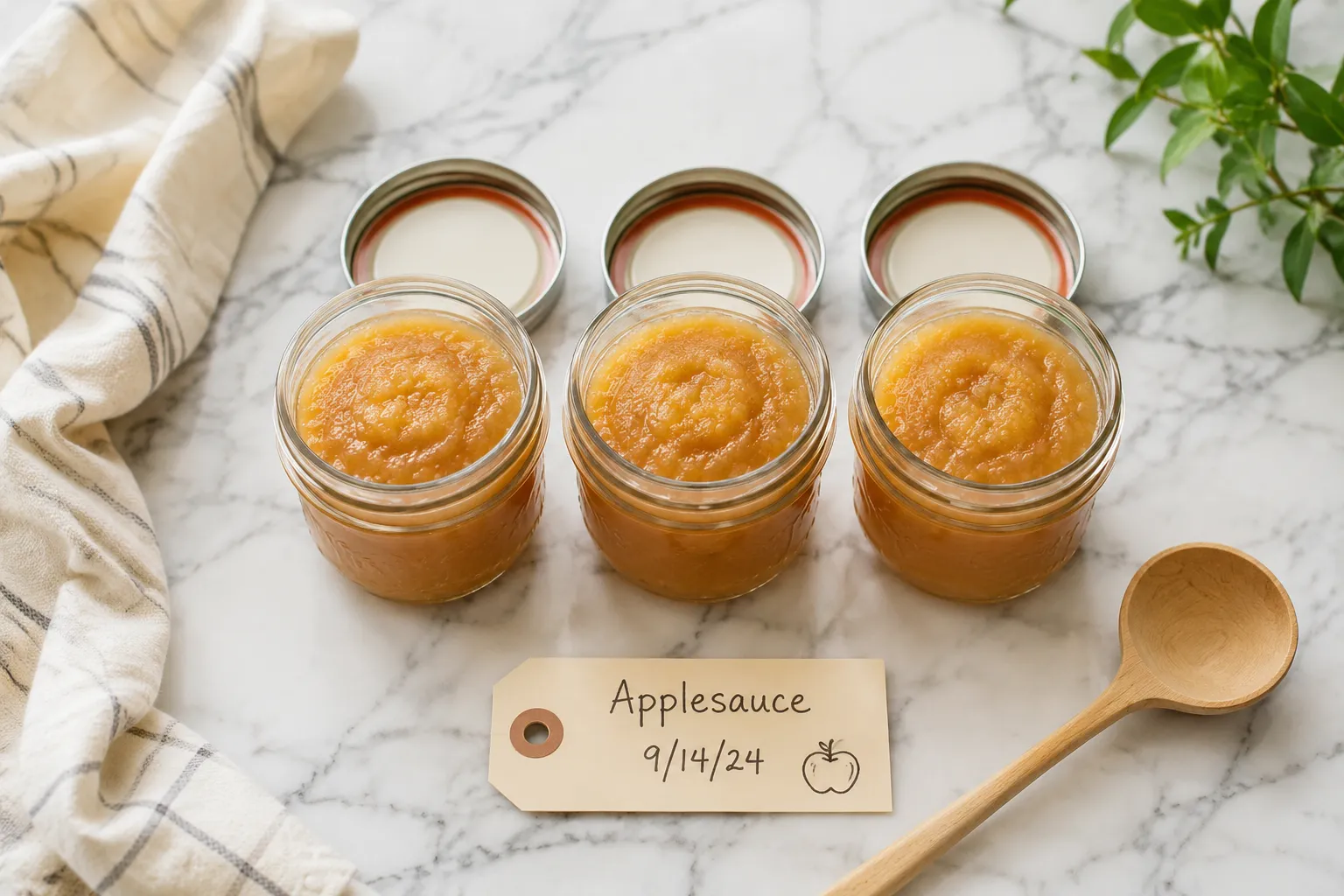 Homemade applesauce stored in mason jars for the fridge and freezer