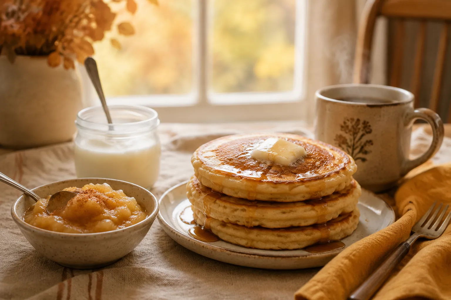Homemade applesauce served with pancakes and yogurt for breakfast