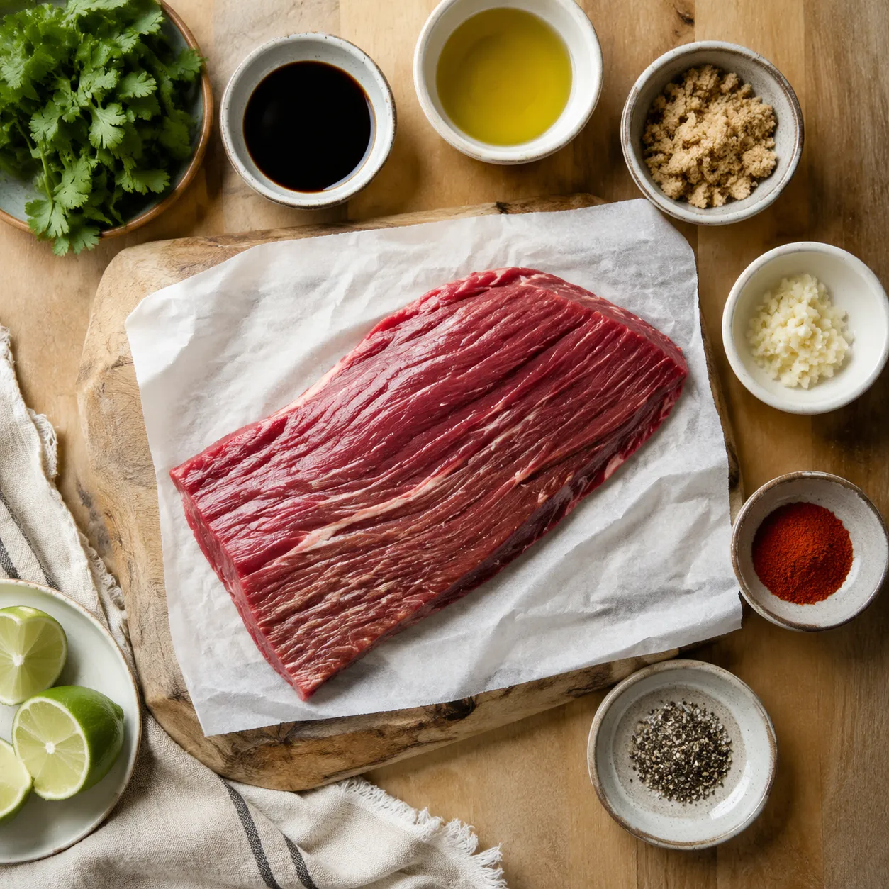 Flank steak ingredients flatlay with marinade components and fresh herbs