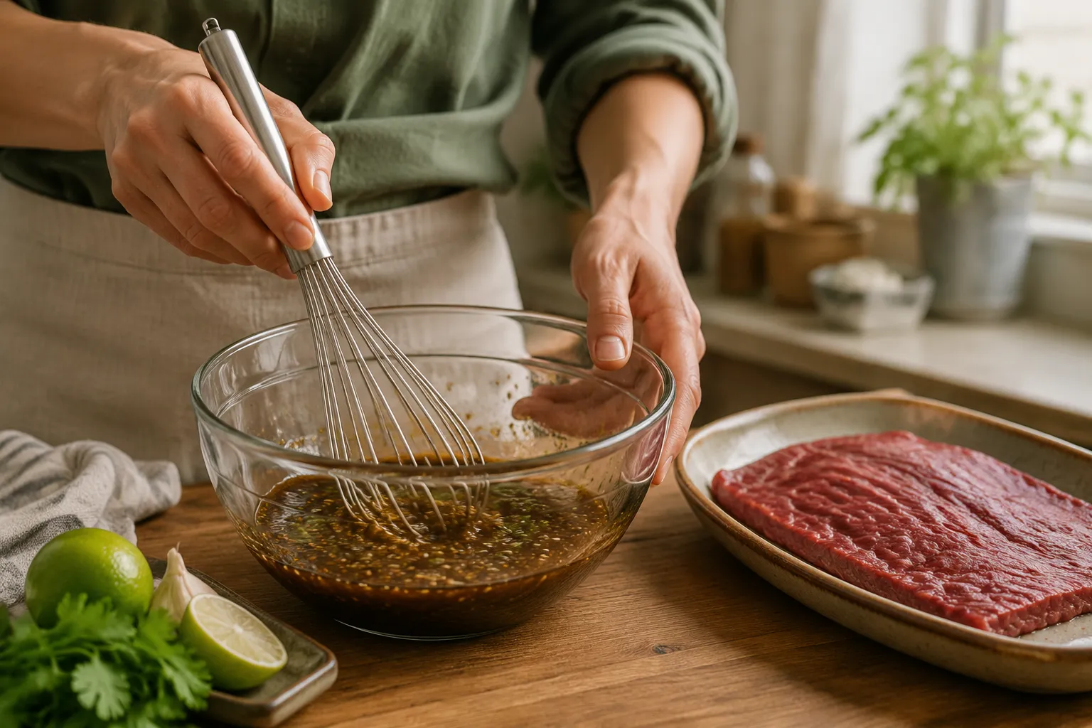 Whisking flank steak marinade in a glass bowl