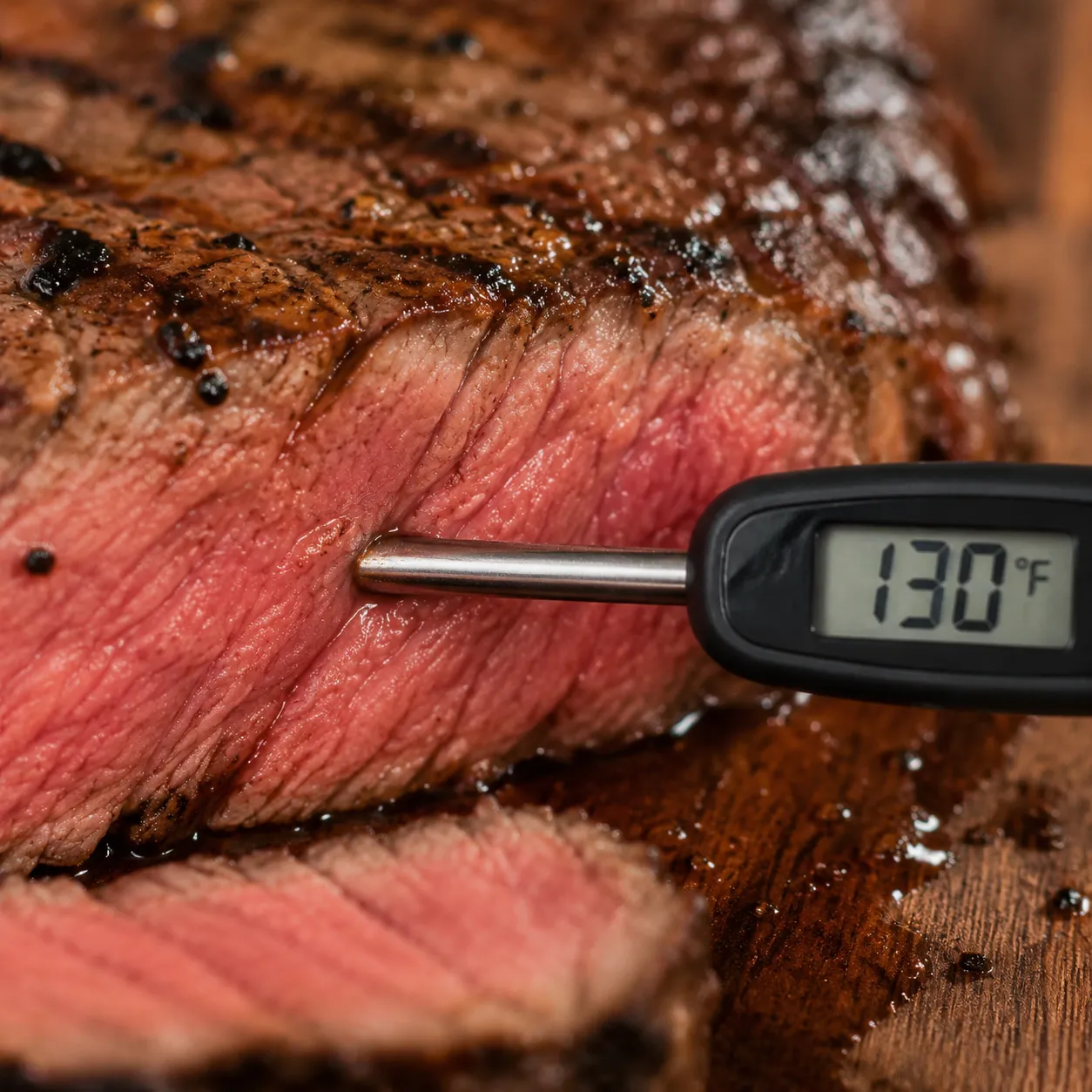 Instant-read thermometer in flank steak showing medium-rare temperature
