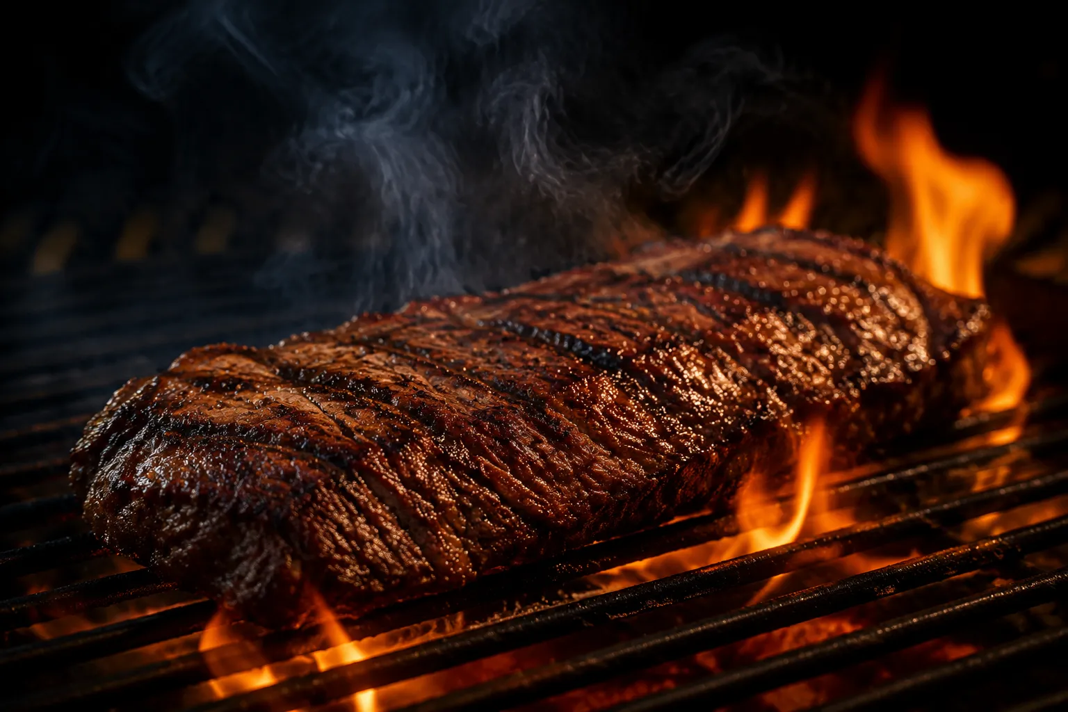 Flank steak searing on the grill with char marks and flames
