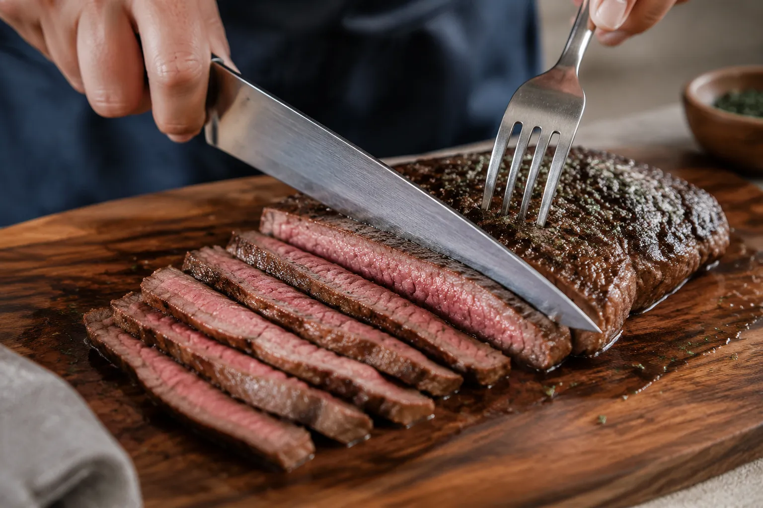 Slicing flank steak against the grain with a chef's knife