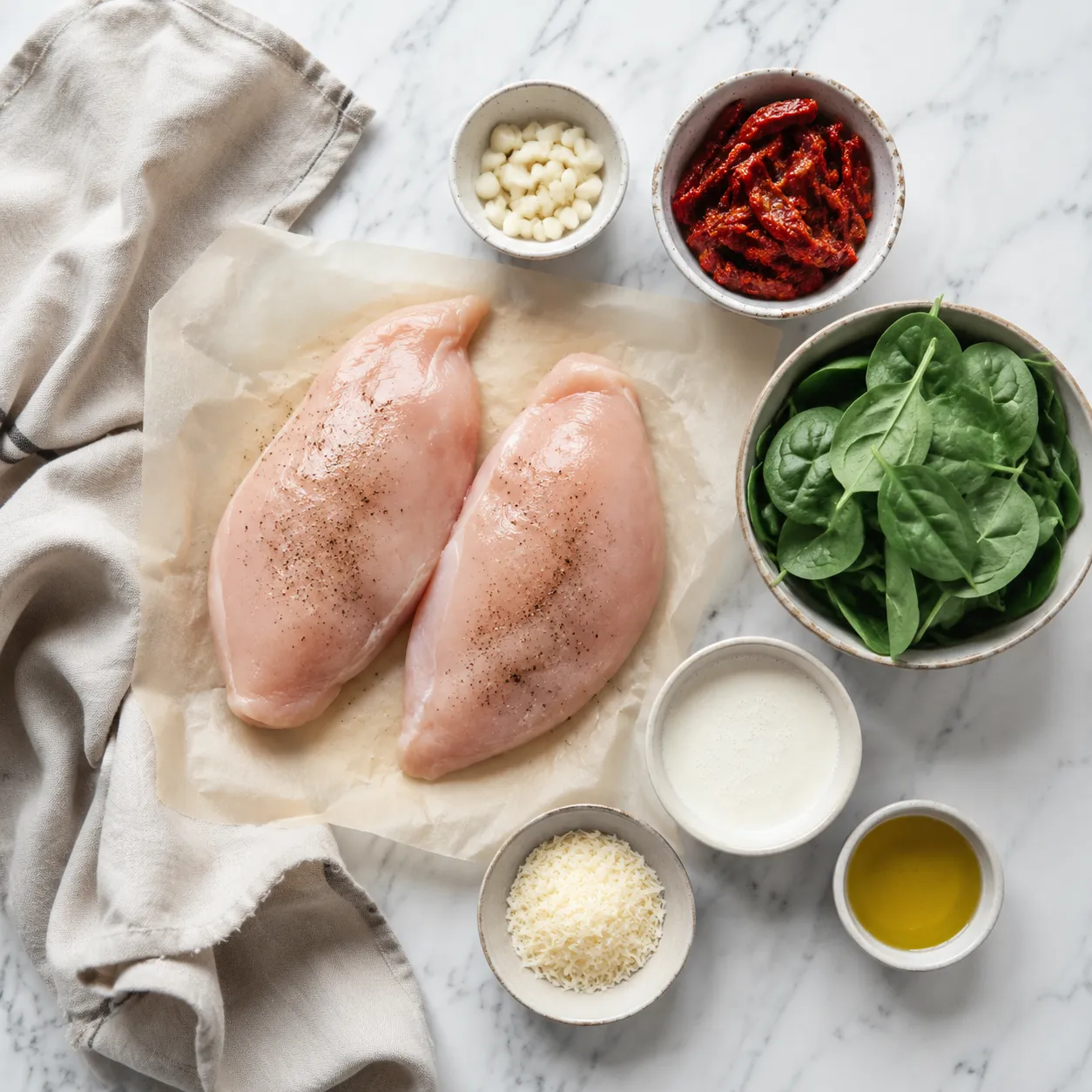 Ingredients flatlay for easy dinner ideas for two recipe