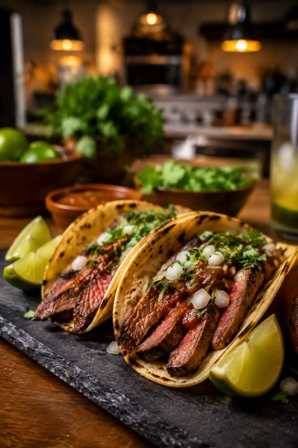 Flank steak tacos with corn tortillas, onion, cilantro, and lime