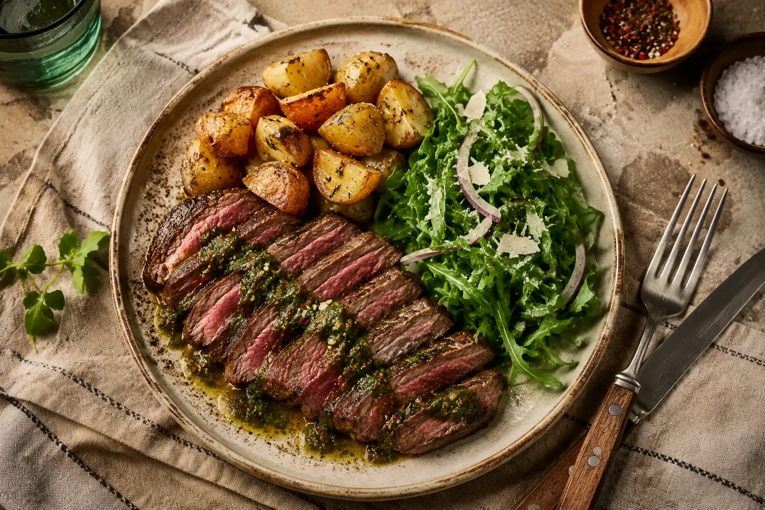 Plated flank steak with chimichurri, potatoes, and arugula salad