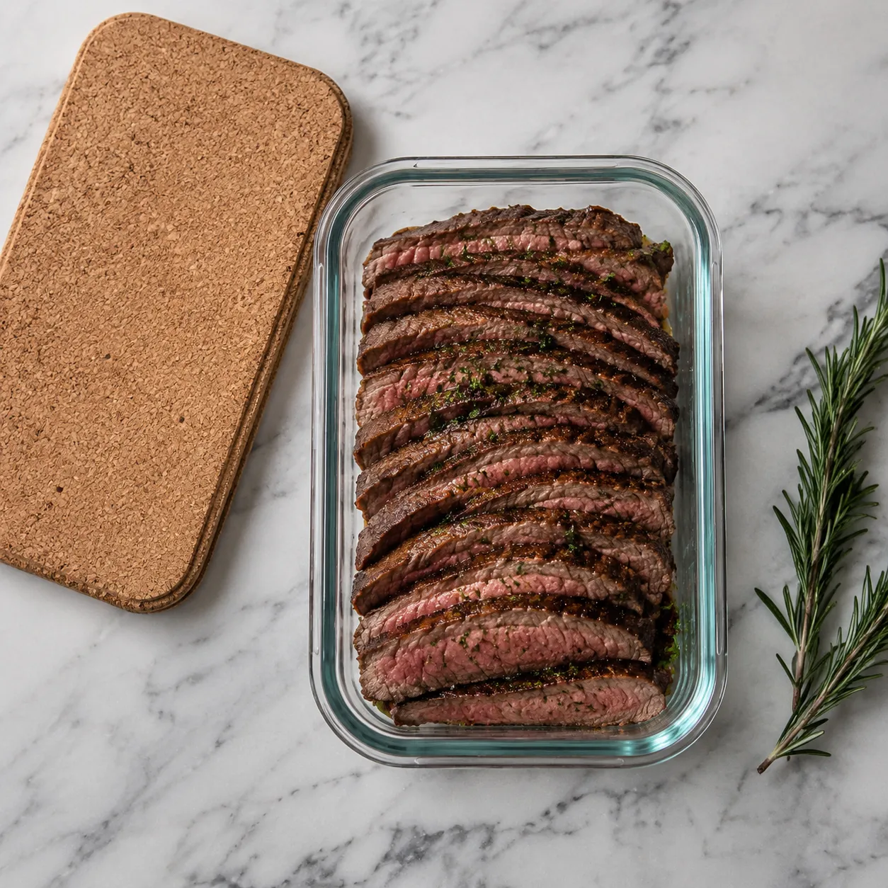 Leftover sliced flank steak stored in a glass meal-prep container