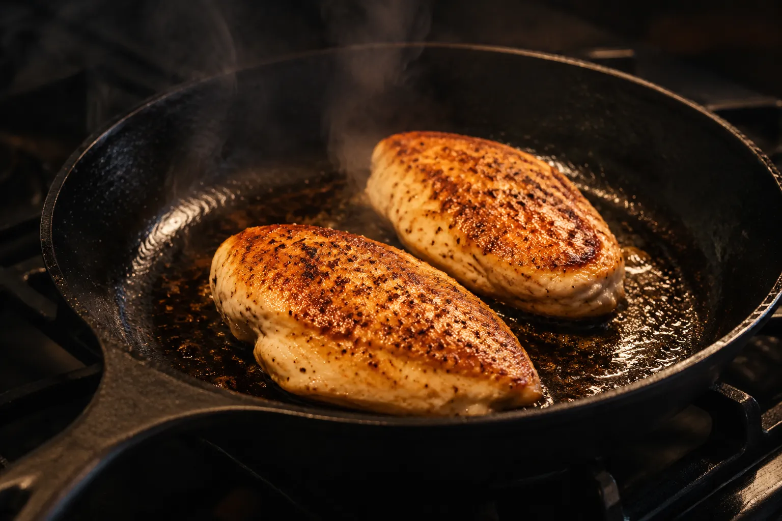 Searing chicken in a skillet for two-person dinner