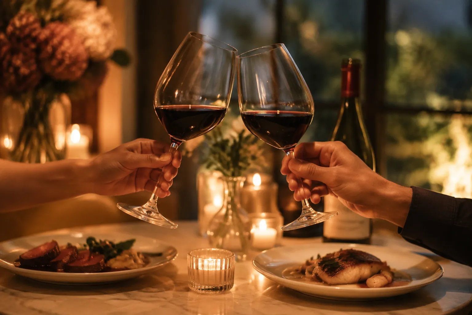 Couple toasting over romantic dinner ideas for two