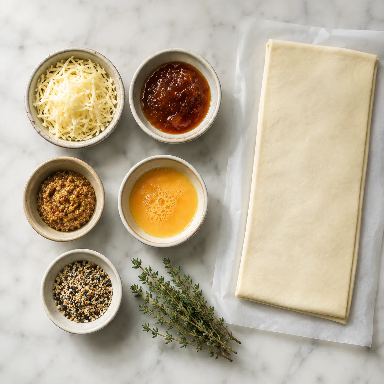 Puff pastry appetizers ingredients flatlay with cheese, jam, and fresh thyme