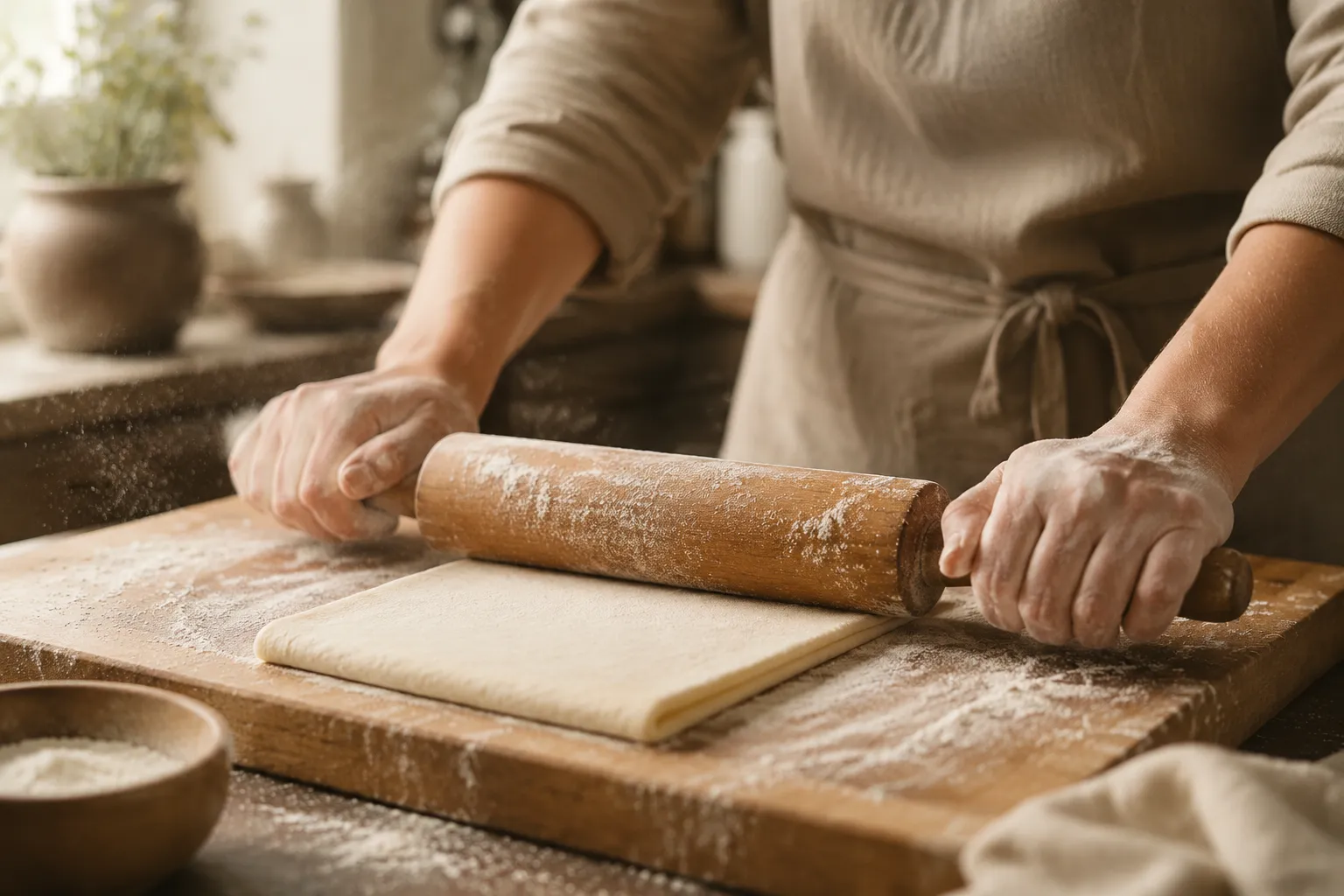 Hands rolling out frozen puff pastry sheet for appetizers