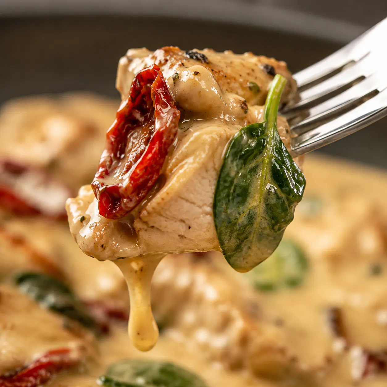 Close-up bite of creamy chicken for two dinner
