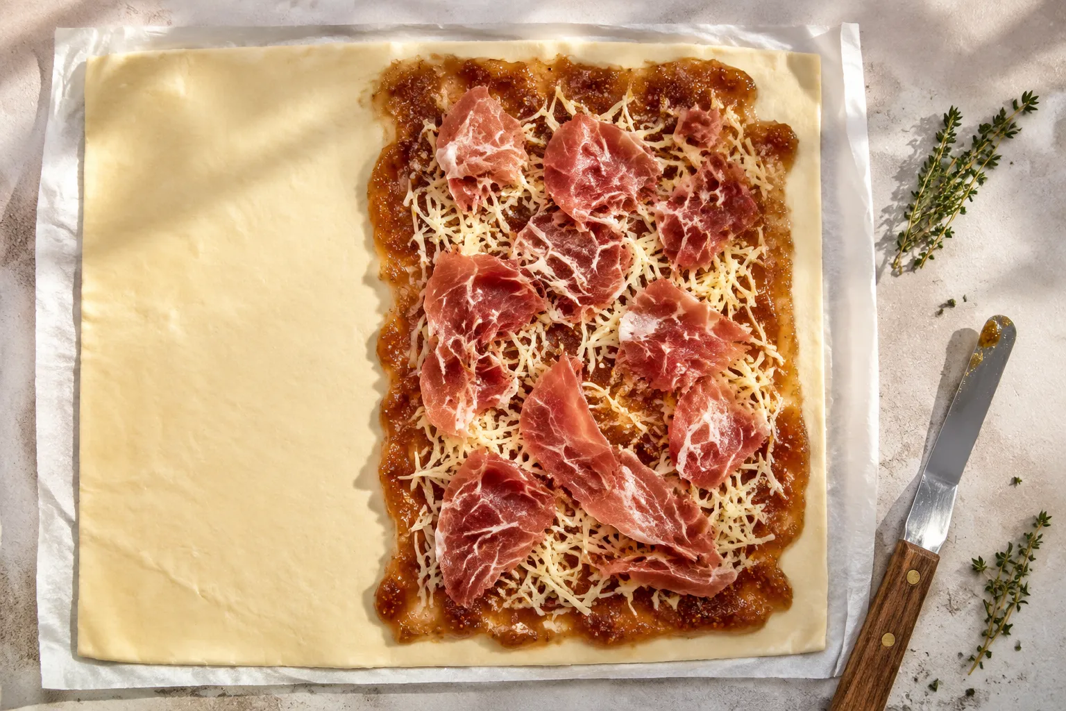 Spreading fig jam and cheese on puff pastry for hors d'oeuvres