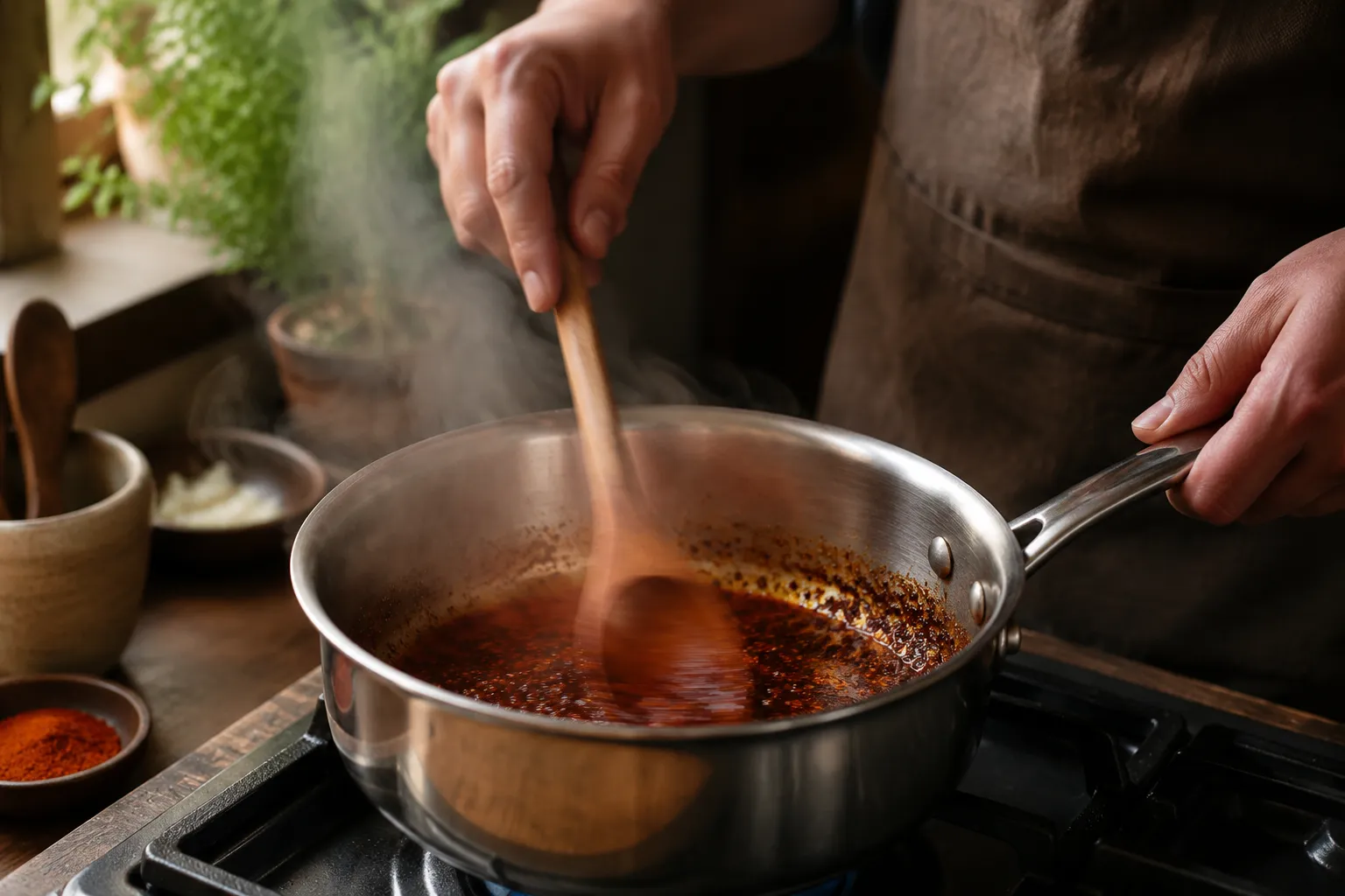 Blooming chili powder and cumin in oil for homemade taco sauce