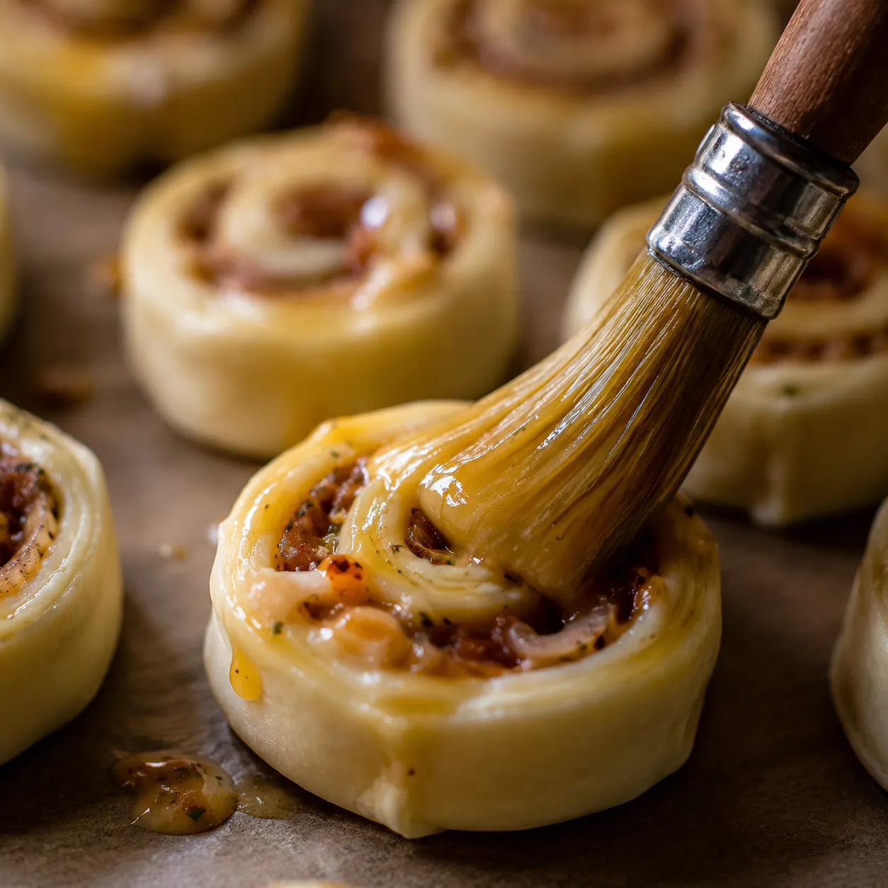 Brushing egg wash on puff pastry appetizers before baking
