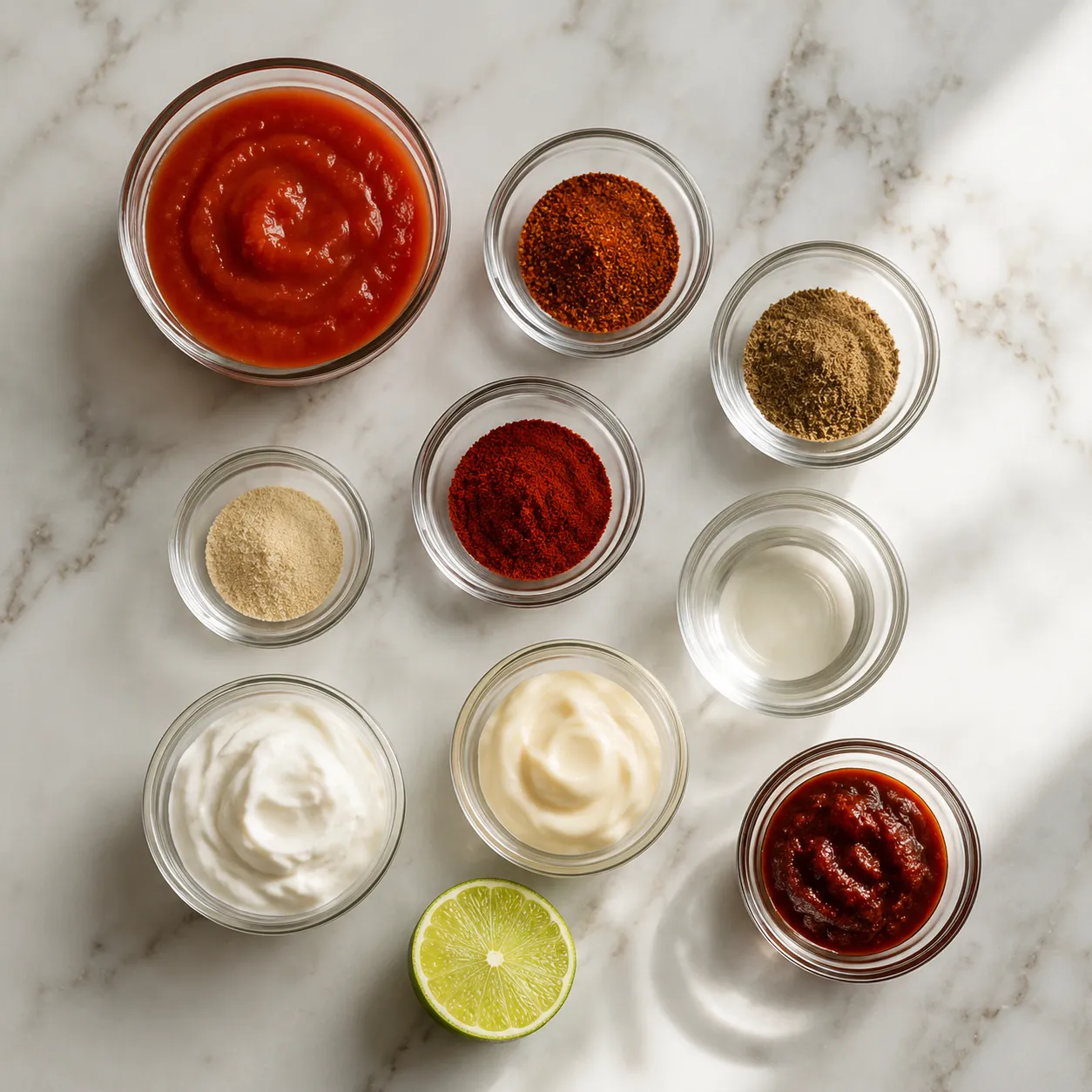 Taco sauce ingredients flatlay including tomato sauce, chili powder, cumin, and lime