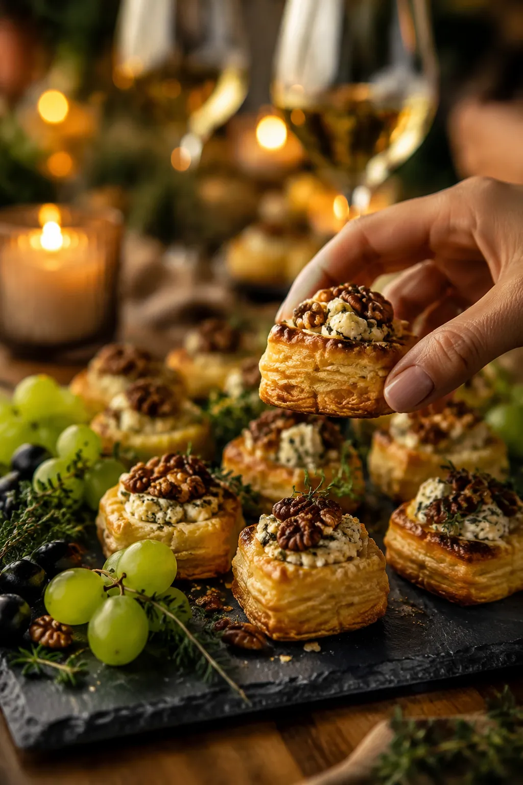 Hand grabbing puff pastry hors d'oeuvres from party platter