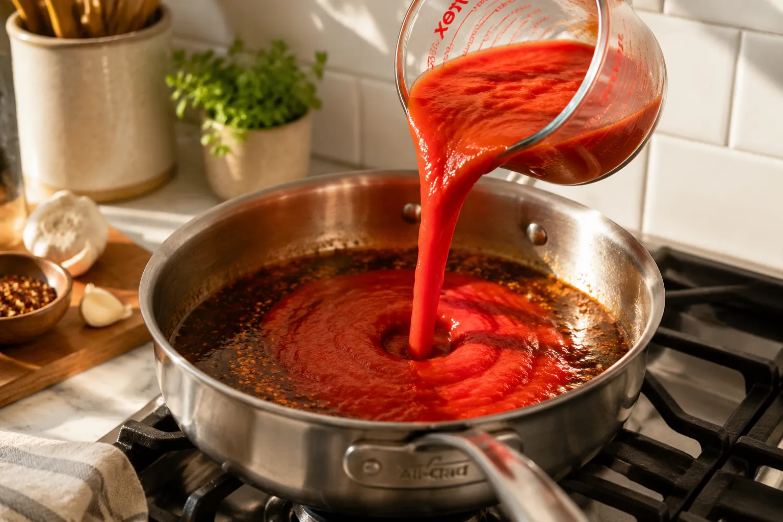 Pouring tomato sauce into spices to make taco sauce