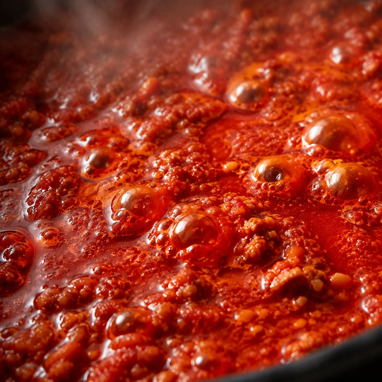 Taco sauce simmering and thickening in a saucepan