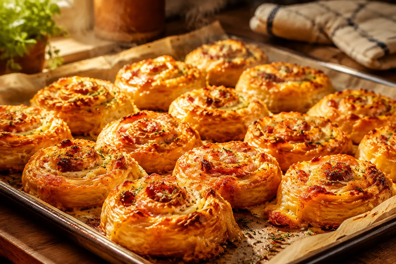 Freshly baked golden puff pastry appetizers on sheet pan