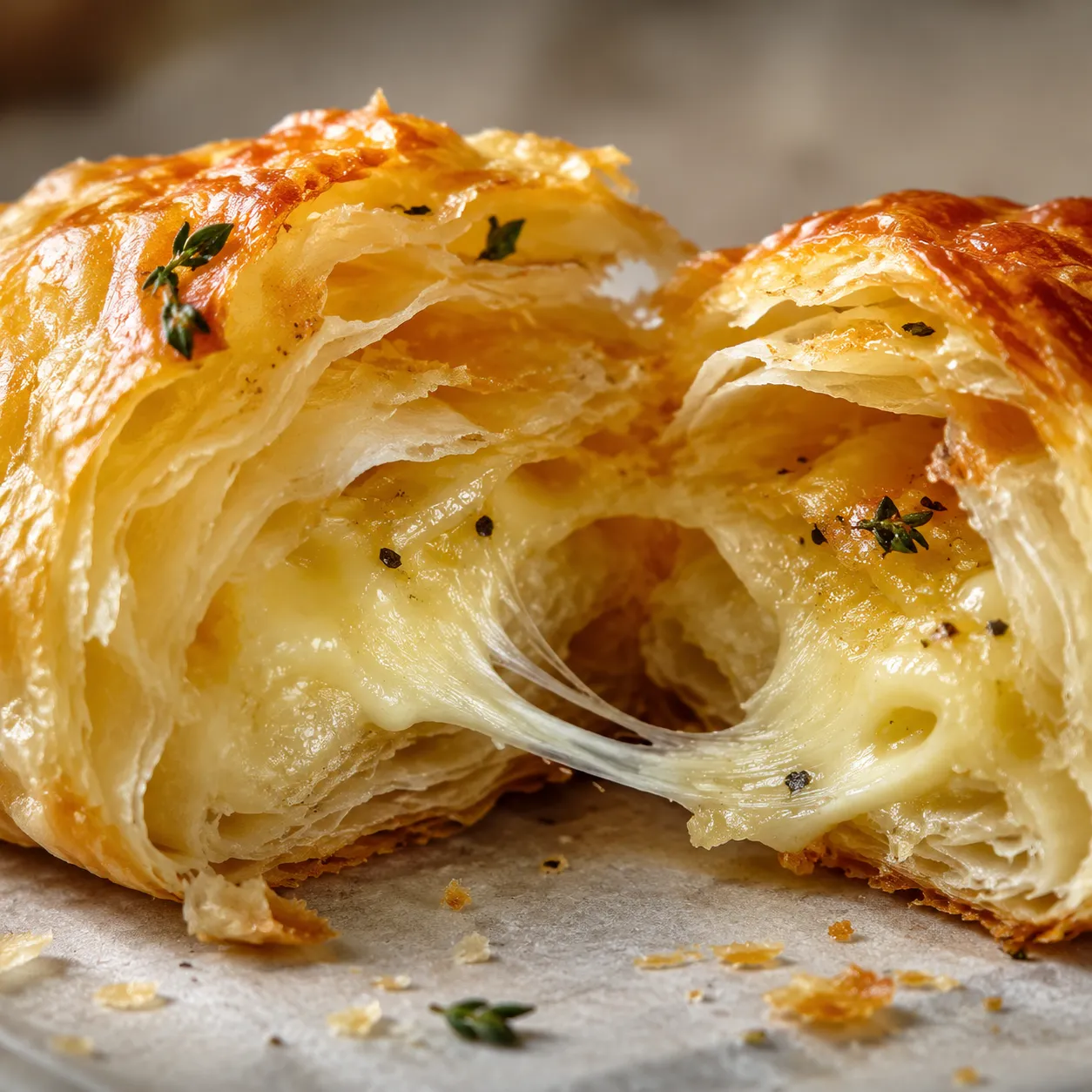 Close-up of flaky puff pastry layers in cheese appetizer