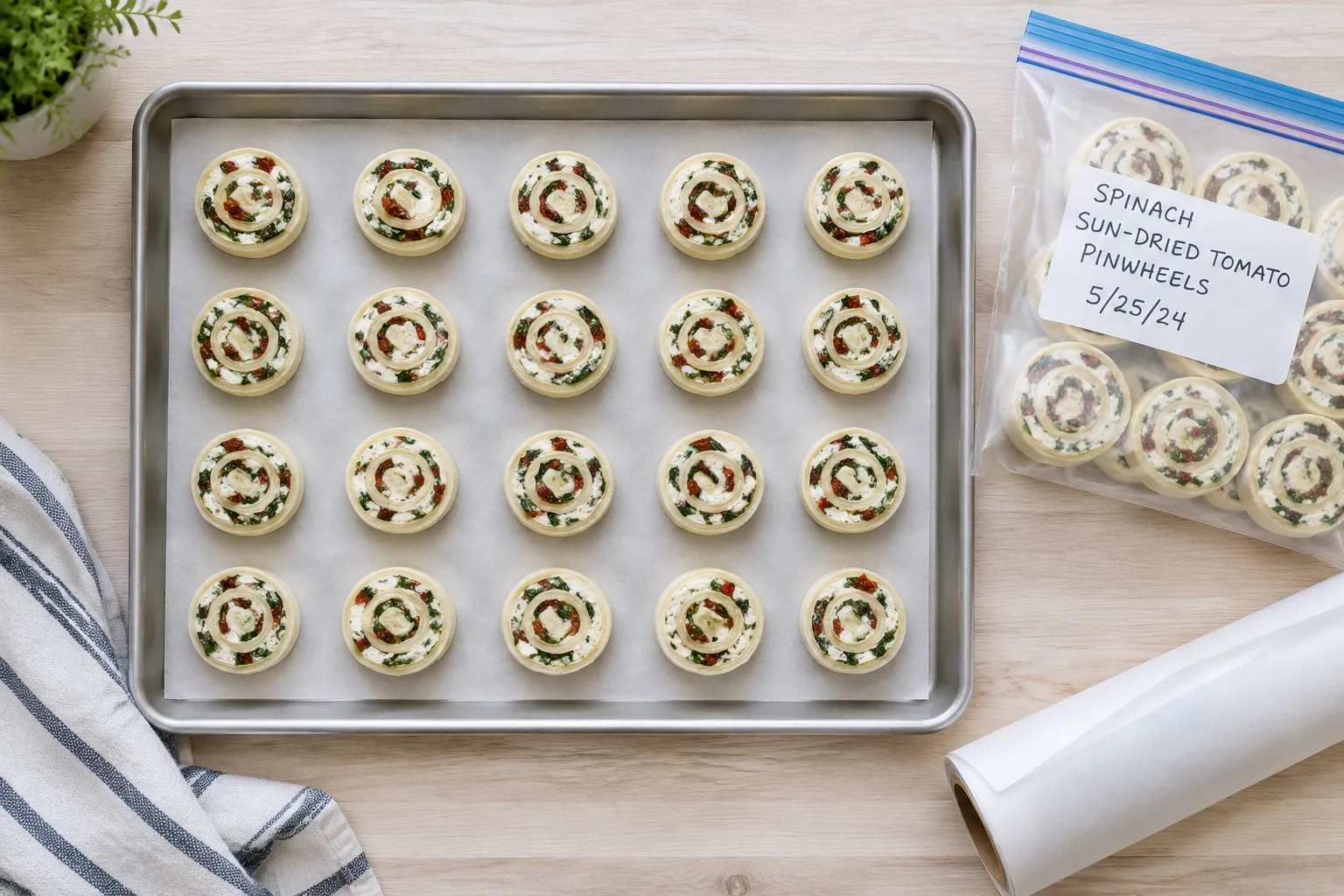 Make-ahead puff pastry appetizers on tray ready to freeze