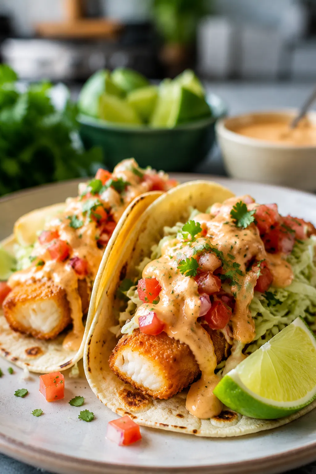 Crispy fish tacos drizzled with homemade fish taco sauce
