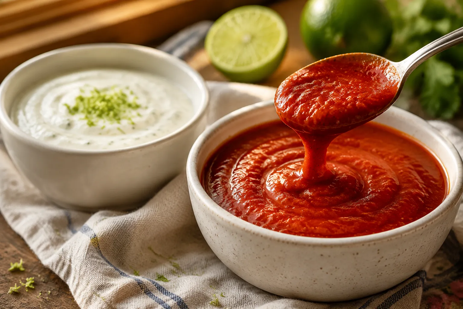 Finished homemade taco sauce and fish taco sauce in serving bowls