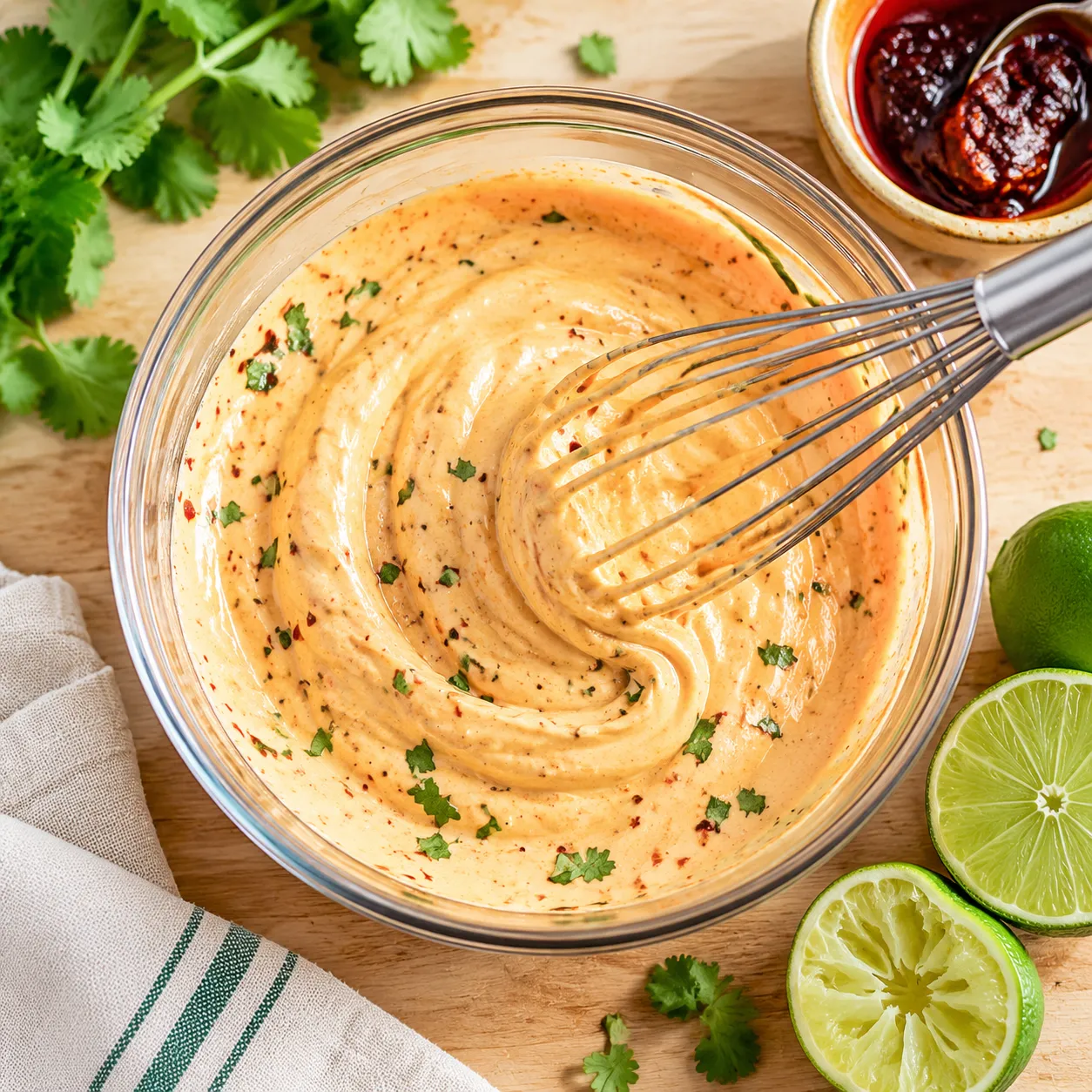 Whisking creamy fish taco sauce with sour cream, lime, and chipotle